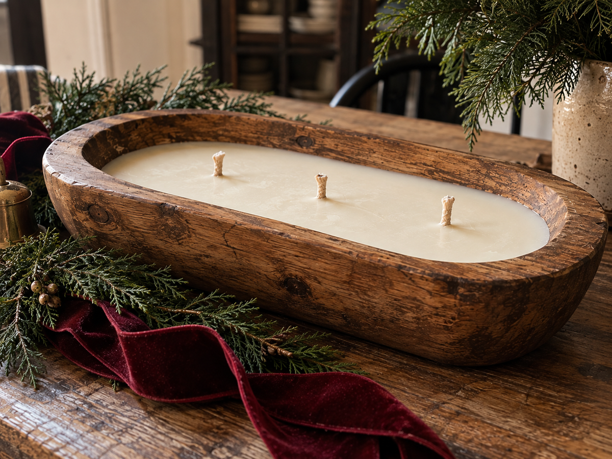 Brookman holiday wooden oak bowl candle with three cotton wicks on a natural wood table with evergreen and burgundy ribbon
