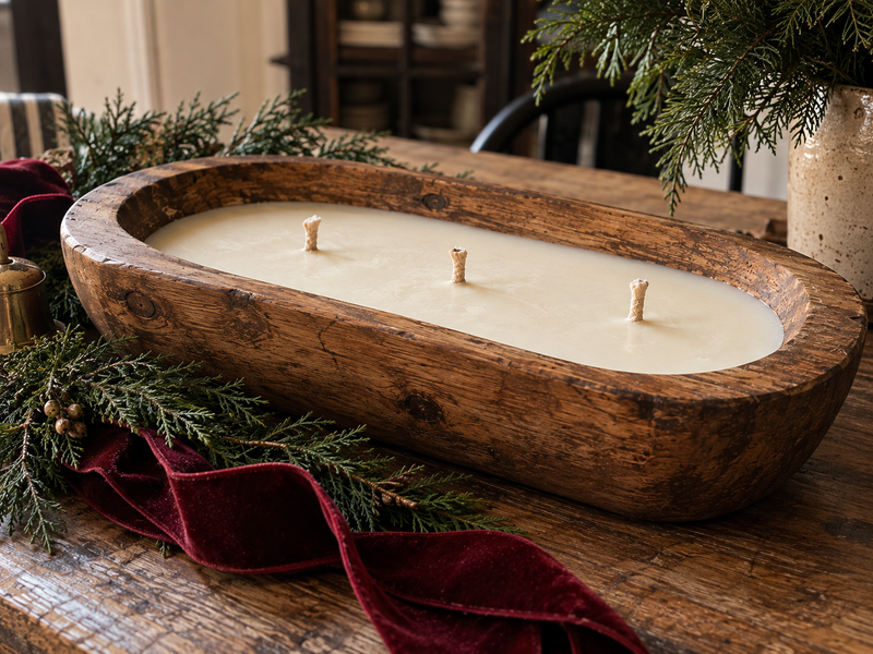 Brookman holiday wooden oak bowl candle with three cotton wicks on a natural wood table with evergreen and burgundy ribbon