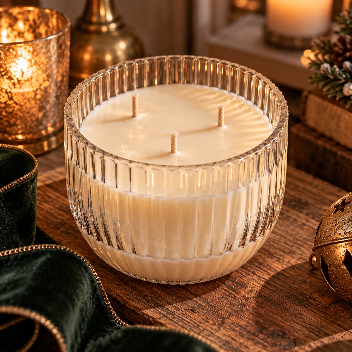 Holiday Heirloom three-wick candle in clear ribbed glass bowl with elegant Christmas styling